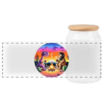 Prehistoric Campfire Encounter Illustration - Panoramic Cookie Jar with Wooden Lid - white - Front