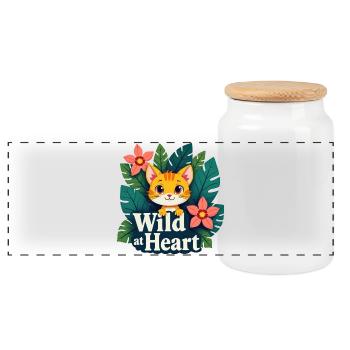 Wilder Katzenfreund mit Blumenmotiven - Panorama Keksdose mit Holzdeckel - Weiß - Vorne
