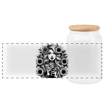 Woman with Flowers – Line Art Clipart - Panoramic Cookie Jar with Wooden Lid - white - Front