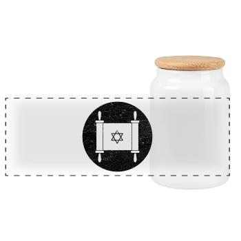 Torah scroll in a black circle - Panoramic Cookie Jar with Wooden Lid - white - Front