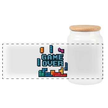 Pixel-Art Game Over Design - Panorama Keksdose mit Holzdeckel - Weiß - Vorne