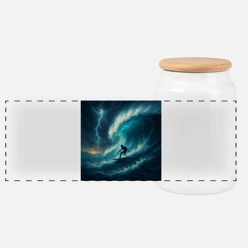 Storm Surfer - Surfen auf riesiger Welle - Panorama Keksdose mit Holzdeckel - Weiß