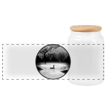 Angler in stiller Naturkulisse – Silhouettenstil - Panorama Keksdose mit Holzdeckel - Weiß - Vorne
