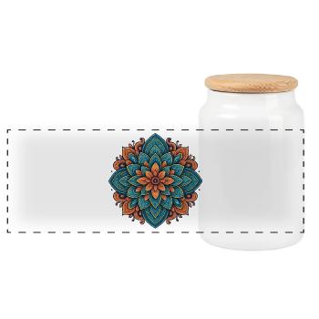 Detaillierte Mandala Blume in Blau und Orange - Panorama Keksdose mit Holzdeckel - Weiß - Vorne