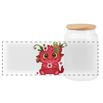 Cute monster in raspberry design - Panoramic Cookie Jar with Wooden Lid - white - Front