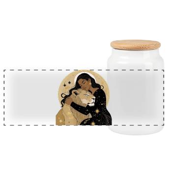 Femme avec lion dans le ciel étoilé - Boîte à biscuits avec couvercle en bois - blanc - Devant
