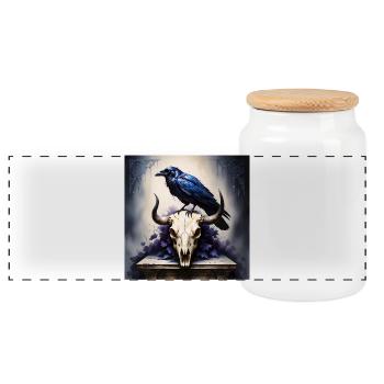 Mystical Raven and Bull Skull Artwork - Panoramic Cookie Jar with Wooden Lid - white - Front