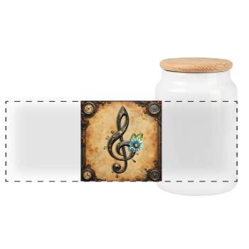 Mechanical clef and flowers to the rhythm of the clocks. - Panoramic Cookie Jar with Wooden Lid - white - Front
