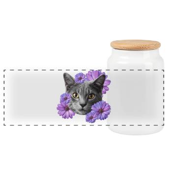 katze mit blumen - Panorama Keksdose mit Holzdeckel - Weiß - Vorne