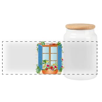 Sommerliches Fenster mit Blumenkasten - Panorama Keksdose mit Holzdeckel - Weiß - Vorne
