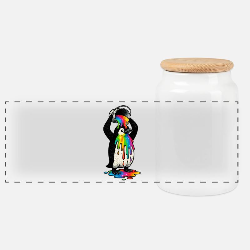 Bunter Pinguin mit Farbeimer - Panorama Keksdose mit Holzdeckel - Weiß