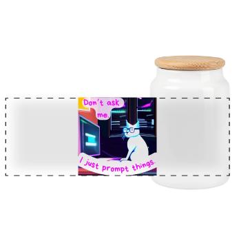 Don't Ask Me, I Just Prompt Things – Grumpy AI Cat - Panoramic Cookie Jar with Wooden Lid - white - Front