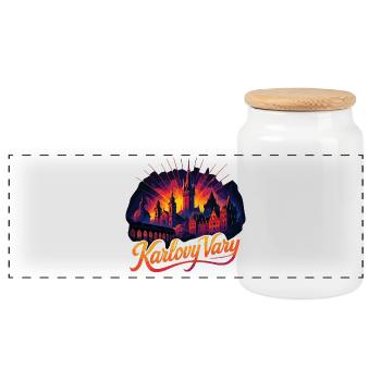 Karlovy Vary City Karlovy Vary Czech Republic Gift - Panoramic Cookie Jar with Wooden Lid - white - Front