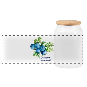 Juniperus communis - botanische Illustration - Panorama Keksdose mit Holzdeckel - Weiß - Vorne