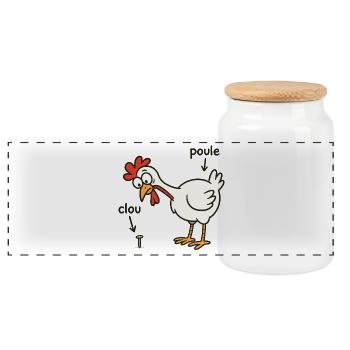 hen finding a nail - Panoramic Cookie Jar with Wooden Lid - white - Front