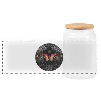 Imaginative butterfly with crown & ornaments - Panoramic Cookie Jar with Wooden Lid - white - Front