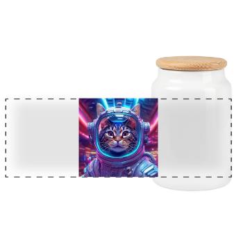 01 Cat astronaut in the neon room - Panoramic Cookie Jar with Wooden Lid - white - Front