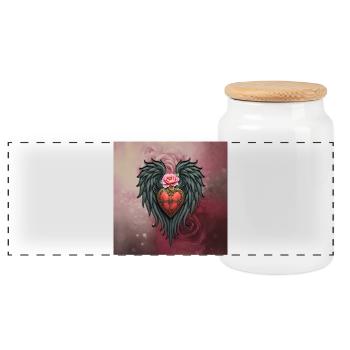 Heart shield with wings and pink flower - Panoramic Cookie Jar with Wooden Lid - white - Front