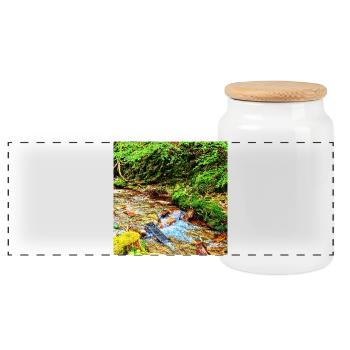 Wasserfall im Grünen Naturdesign - Panorama Keksdose mit Holzdeckel - Weiß - Vorne