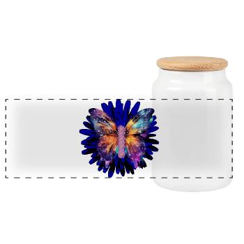 Galaxy Wings – Butterfly on Cosmic Bloom - Panoramic Cookie Jar with Wooden Lid - white - Front