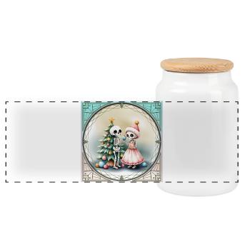 Christmas Skulls with Tree and Candy - Panoramic Cookie Jar with Wooden Lid - white - Front