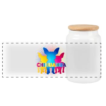 Bunte Chihuahua Silhouetten mit Pop-Art Schriftzug - Panorama Keksdose mit Holzdeckel - Weiß - Vorne