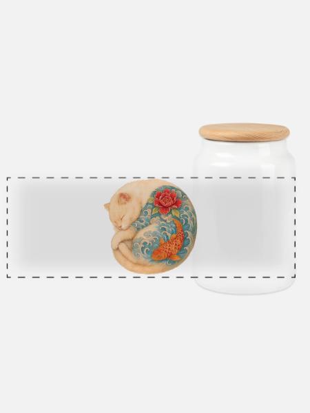Yakuza Cat – Friedliche Kraft in Tinte - Panorama Keksdose mit Holzdeckel - Weiß