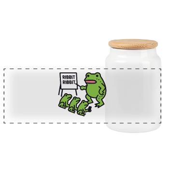 Frog Teaching with Ribbit Phrase - Panoramic Cookie Jar with Wooden Lid - white - Front