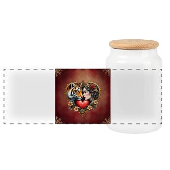 Wild Love with Tiger and Flower - Panoramic Cookie Jar with Wooden Lid - white - Front