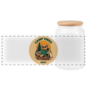 Camp Vibes Bär Camping Logo - Panorama Keksdose mit Holzdeckel - Weiß - Vorne