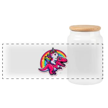 Colourful Unicorn T-Rex Fusion Illustration - Panoramic Cookie Jar with Wooden Lid - white - Front