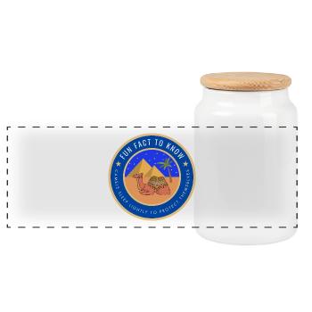 Desert Camel Fact - Panoramic Cookie Jar with Wooden Lid - white - Front