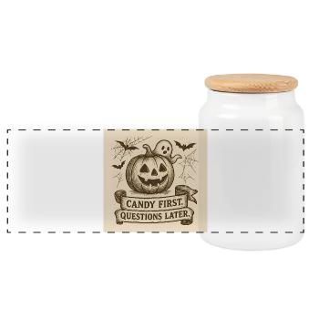 Halloween pumpkin with ghost and banner - Panoramic Cookie Jar with Wooden Lid - white - Front