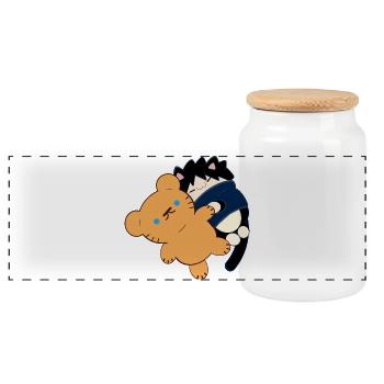 Anime Design Cute Black Cat with Teddy Bear - Panoramic Cookie Jar with Wooden Lid - white - Front