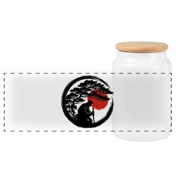 Enso Samurai Meditation with Red Sun - Panoramic Cookie Jar with Wooden Lid - white - Front
