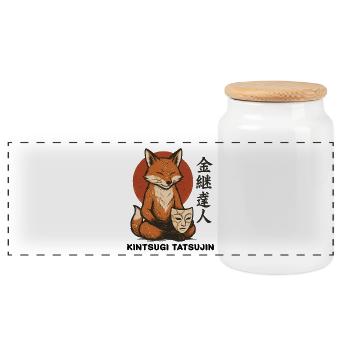 Japanese Serene Fox Kintsugi Tatsujin Expert - Panoramic Cookie Jar with Wooden Lid - white - Front