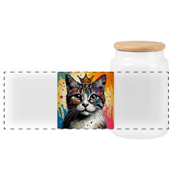 cat - Panoramic Cookie Jar with Wooden Lid - white - Front