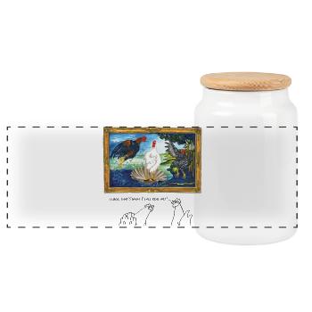 Cluck, that's what I call real art - in English - Panoramic Cookie Jar with Wooden Lid - white - Front