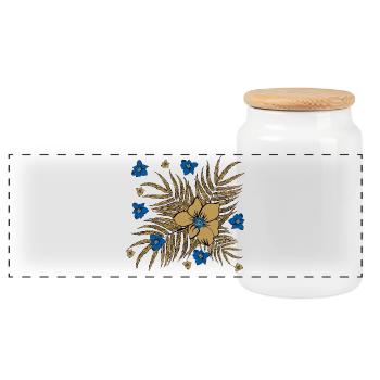 Tropical Leaves and Flowers Pattern - Panoramic Cookie Jar with Wooden Lid - white - Front