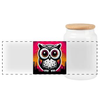 owl - Panoramic Cookie Jar with Wooden Lid - white - Front