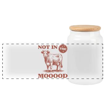 Humorous Cow with the Text Not in the Mooood - Panoramic Cookie Jar with Wooden Lid - white - Front