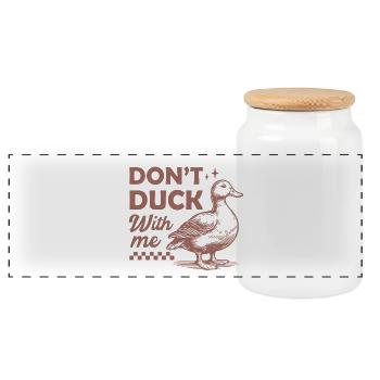 Humorous duck bird with the quote DONT DUCK - Panoramic Cookie Jar with Wooden Lid - white - Front