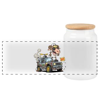 Cartoon Sheep Driver in Off-Road Vehicle - Panoramic Cookie Jar with Wooden Lid - white - Front