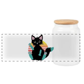 doodle cat blob, says Hi - Panoramic Cookie Jar with Wooden Lid - white - Front