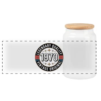 Vintage 1970's Retro Badge Design - Panoramic Cookie Jar with Wooden Lid - white - Front