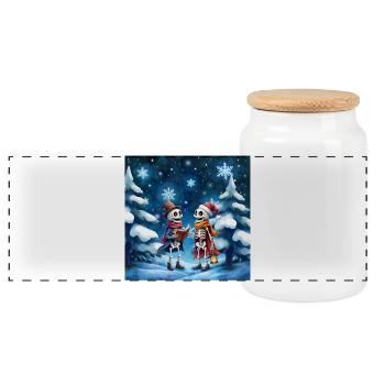 Weihnachtsskelette mit Hüten und Laternen - Panorama Keksdose mit Holzdeckel - Weiß - Vorne