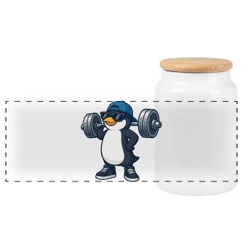 Cooler Pinguin mit Hantel Fitness Bodybuilding - Panorama Keksdose mit Holzdeckel - Weiß - Vorne