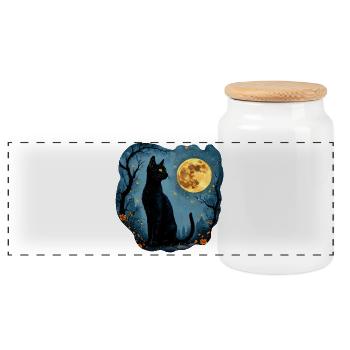 Mystical Black Cat Under the Full Moon - Panoramic Cookie Jar with Wooden Lid - white - Front