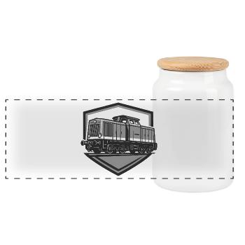Retro Steam Locomotive Logo Illustration - Panoramic Cookie Jar with Wooden Lid - white - Front