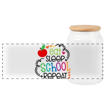 Eat, Sleep, School, Repeat – Design - Panoramic Cookie Jar with Wooden Lid - white - Front
